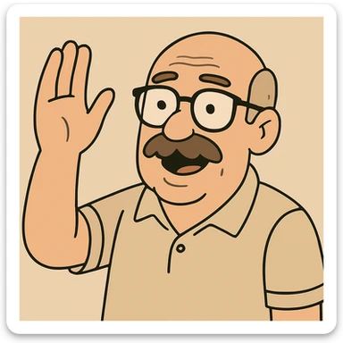 Add glasses to the older bald man with mustache raising his hand, keeping the cartoon style and background as in the reference image. sticker