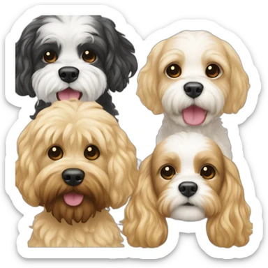 White Cavapoo, a blonde girl and a dark haired guy with a beard sticker