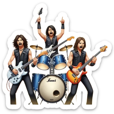 Icon for Heavy Metal Music: 4 men band on stage with electric guitars, drums and intense lighting. 4 Musicians headbanging, surrounded by energy and stage effects, capturing the power and intensity of a metal concert. Transparent background. sticker