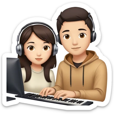 asian male and female in a music studio. one is looking at the computer sticker