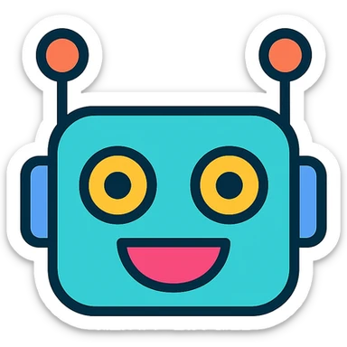 futuristic AI chatbot emoji, antenna, expressive eyes, text style, minimal lines sticker