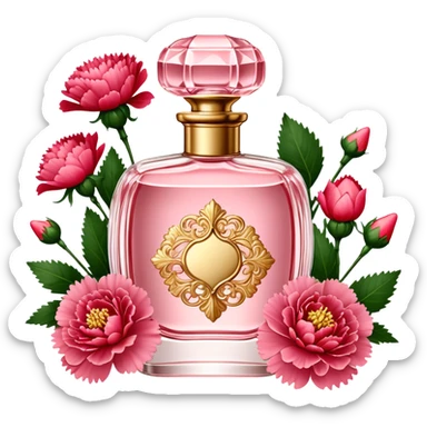 A delicate vintage perfume bottle in soft Petal Pink, adorned with intricate gold detailing, sits elegantly on a vanity. Surrounding it are lush Strawberry Red carnations, their velvety petals adding a rich contrast. The scene is bathed in warm, diffused light, evoking timeless glamour and romance. sticker