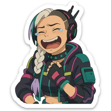1 female, white braid with lavender tips. Cybergoth futurepunk, crying from laughter, “wheeze emoji” facial expression  sticker