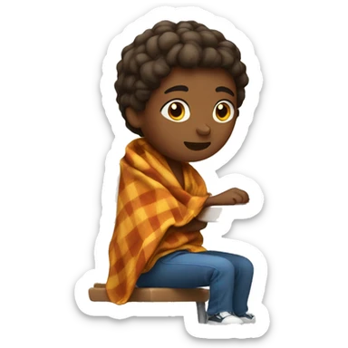Middle schooler sitting at desk with a blanket wrapped around shoulders  sticker