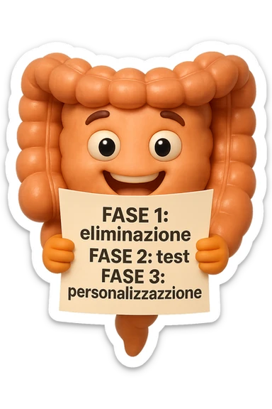 emoji stile iphone 3d di un intestino che tiene in mano un foglio con la scritta "FASE 1: eliminazione, FASE 2: test, FASE 3: personalizzazione, IPERREALISTICO 4K sticker