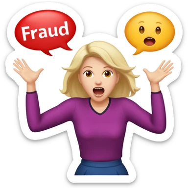 Woman jumping screaming and word “fraud” in a bubble sticker