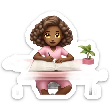 Girl studying on a light pink desk with light pink clothes  sticker