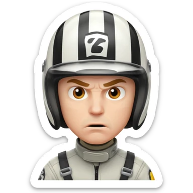 white male racer in helmet, crazy look, taking risks, very serious face, angry sticker