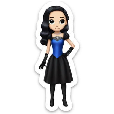 relaxed low-cut back silky black evening ball gown with lace gloves, Jenna Ortega as Wednesday Addams wearing a mini diamond tiara showing off blood blue cute horned dragon hand-puppet sticker