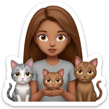 a pretty bratz dusky girl with long brown hair with four cats nd wearing a grey tshirt sticker