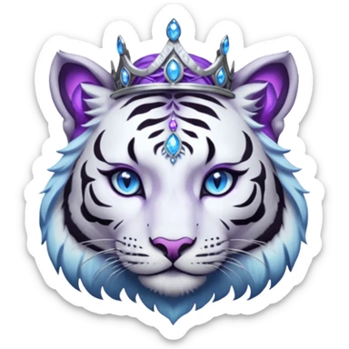 ESO Female white/black tiger khajiit leader of the umbral rose, glowing blue eyes, glowing blue 'third eye' gem; beautiful purple gemmed silver tiara sticker