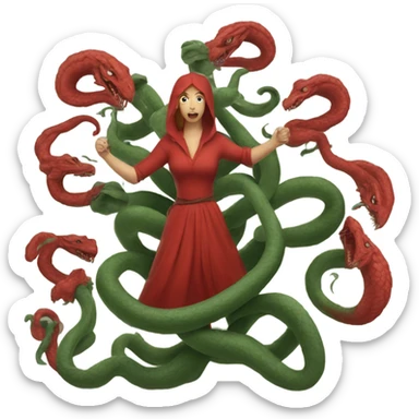 woman in red riding a a hydra with six heads sticker