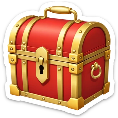 A bright red treasure chest from an RPG game with gold trim and a lock sticker