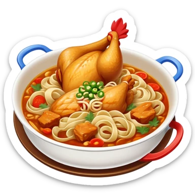Xinjiang Big Plate Chicken with wide noodles in large dish, simplified emoji style with bold outlines and bright colors, cartoon style spicy chicken stew sticker