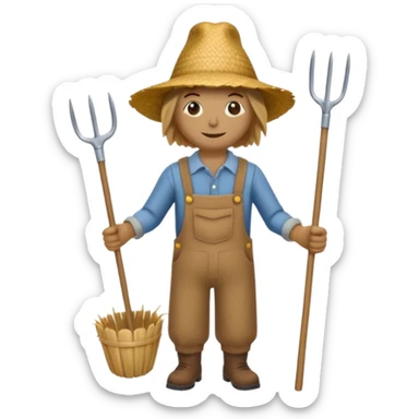 Scarecrow, straw hat, and a rake tucked in one arm, body on stick sticker