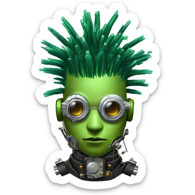 Green Mohawk hair male cyborg head with white steampunk goggles and circuits sticker