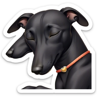 Meme-Worthy Cute Sleeping Black Greyhound Portrait Emoji, Head resting peacefully with a contented smile, showcasing a delightfully slender build and a luxuriously smooth black Fur, eyes shut in a serene nap, Simplified yet hilariously adorable features, highly detailed, glowing with a soft, drowsy light, high shine, relaxed and utterly lovable, stylized with an air of playful laziness, bright and heartwarming, soft glowing outline, capturing the essence of a comically sleepy racer, so meme-worthy it feels like it could instantly become the next viral sensation of adorable slumber! sticker