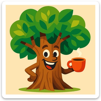 whimsical and friendly tree character holding a coffee cup in its hand, vibrant toon style sticker
