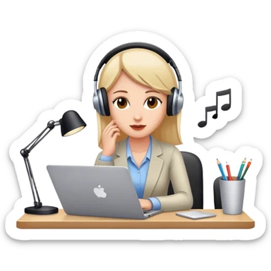 a woman in an office working with laptop listening to music sticker