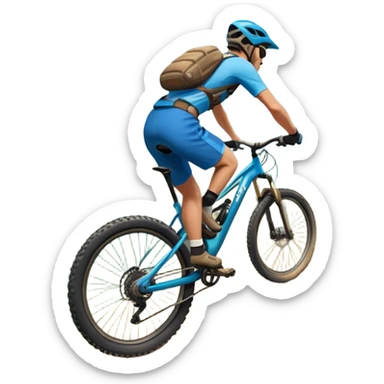 An icon featuring a mountain bike with thick tires on a rugged trail. A cyclist in a helmet rides downhill, kicking up dust. The background showcases a breathtaking mountain landscape with green slopes, rocky peaks, and a bright blue sky. Transparent background emphasizes adventure and speed sticker