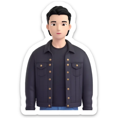 3D emoji Microsoft style, young man with black hair, wearing black t-shirt and black denim jacket, photo reference, slight shadow on face sticker