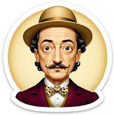 Cinematic Realistic portrait of Salvador Dalí, depicted as a surrealist artist with eccentric, expressive features and his iconic mustache, rendered with vibrant, imaginative lighting and richly detailed period attire that capture his avant-garde essence. sticker