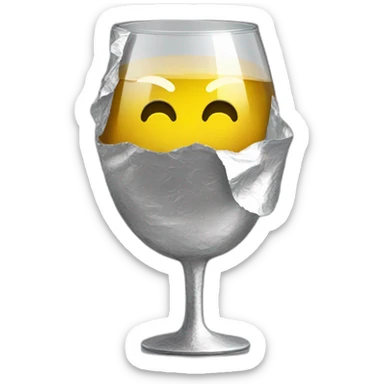 A reflective, very crinkled and wrinkled aluminum foil hides a wine glass shape, like a stemmed wine glass sticker