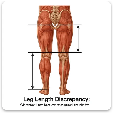 Medical style hyperrealistic posterior view highlighting very clearly the difference in leg length: one leg visibly shorter than the other. Add arrows, reference lines, and an anatomical caption to make the concept immediately understandable. No background. Variation 1. sticker
