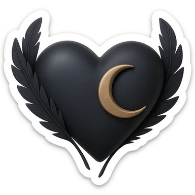 gothic heart in 3D black style, midnight blue satin texture, silver crescent moon, feather accents, moody and rich sticker