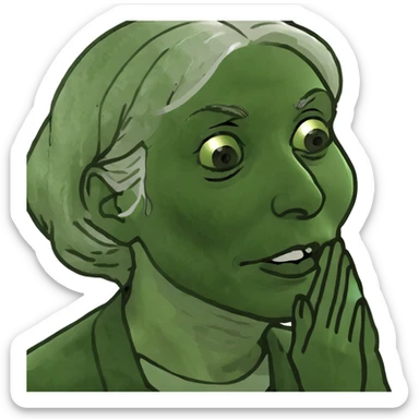 old woman with semi blond hair with hand that close mouth sticker