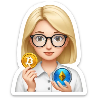 A girls with glasses holding crypto  sticker