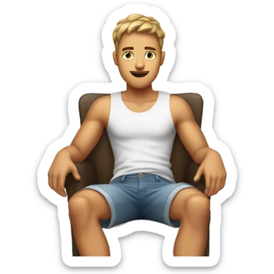 Young guy sitting on a chair in shorts, face is covered  sticker