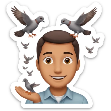 man open arms looking at a flying pigeon sticker
