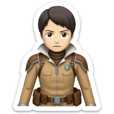 emoji-style illustration of Attack on Titan suit with flared collar, harnesses, simplified maneuvering gear, muted color palette browns blacks grays, ready and focused facial expression, compact and clear for emoji use sticker
