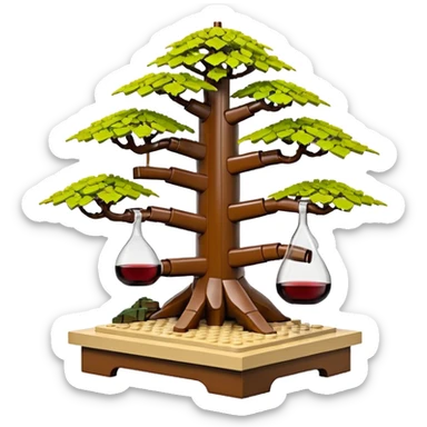 Wide Three 7-tiered Lego bonsai stand, shelving nine maple specimens and several smaller weeping wine maples frame made of oaken palette wood  sticker