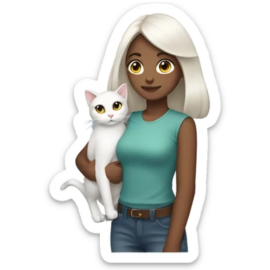 A girl with shoulder length dark hair and a white cat on her shoulder sticker