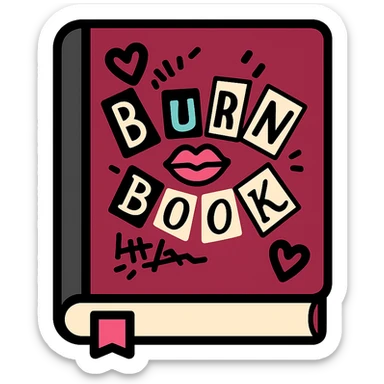 stylized icon of a Mean Girls burn book, burgundy color, with cut-out letters and doodles sticker