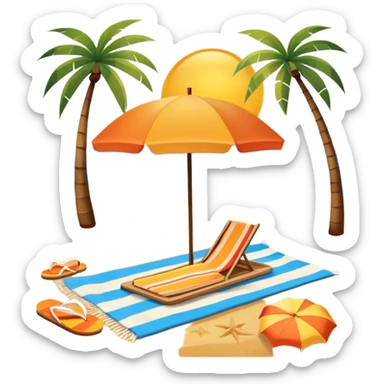Icon for Beach Tourism: with the blue ocean, orange sunset, yellow sand beach and palm trees in the background, a sun umbrella, flip-flops, and a beach towel on the sand. The icon should represent relaxation and fun at the beach. Transparent background sticker