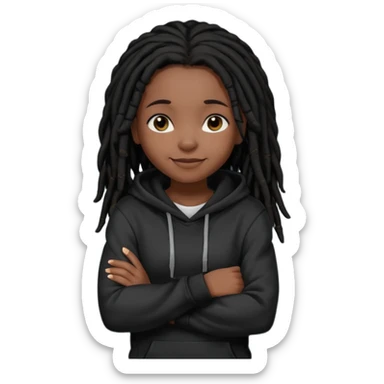 African American girl with black dreadlocks wearing a plain black hoodie with her arms folded across her chest sticker
