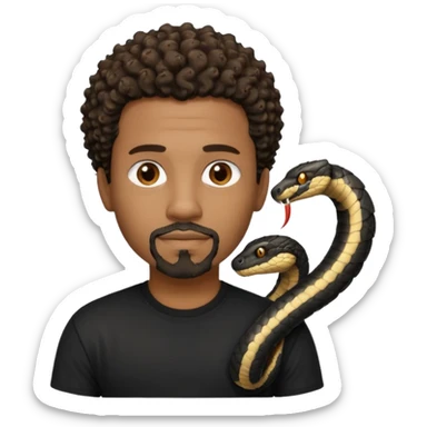Homme couleur de peau noir, yeux marron avec un bouc que le menton, cheveux court et bouclé crépus avec dégradé sur le côté, avec un cobra à côté , t-shirt noir  sticker