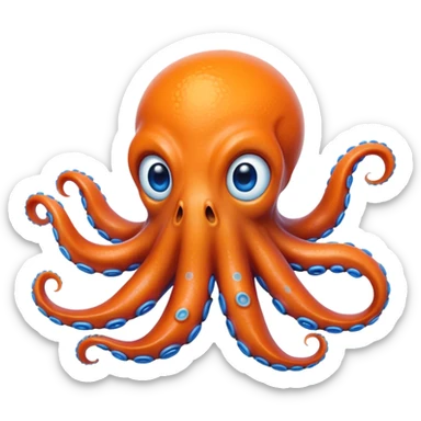 Cinematic Realistic Comical Octopus Portrait Emoji, Head tilted dramatically with an exaggeratedly amused expression, featuring a striking, glossy orange body adorned with bold blue rings and wide, expressive eyes brimming with playful disbelief; rendered with vivid natural textures and dynamic highlights, high shine, dramatic yet playful, styled with an air of cheeky ocean mischief, soft glowing outline, capturing the essence of a spirited and over‐the‐top octopus that looks ready to squirt ink its way into viral fame! sticker