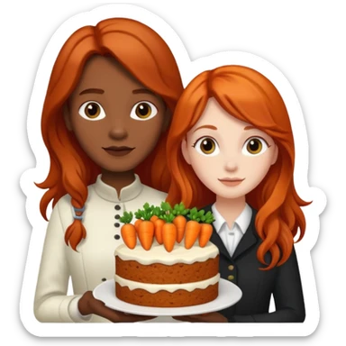 Redhead girl and black long haired guy with carrot cake sticker