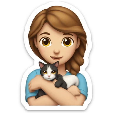 Girl with brown hair holding a calico cat  sticker