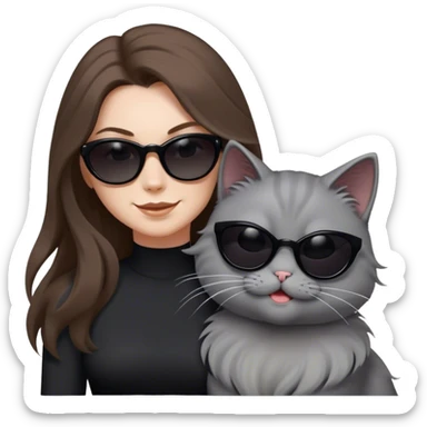 White woman with long brown hair wearing dark sunglasses and a black dress. She is smirking. next to her is a fluffy light grey cat who is also wearing dark sunglasses. The wind is blowing their hair and they are having fun sticker