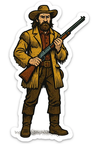 The full body of a buffalo hunter from the 1870s looking straight ahead with his rifle sticker