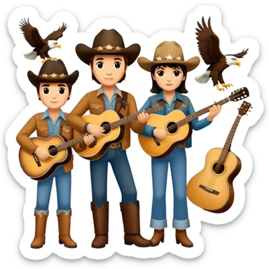Icon for Country Music: A collage featuring Eagles as a band, Ricky Nelson, and Linda Ronstadt. Acoustic guitars, banjo, cowboy hats and a vintage Americana aesthetic evoke the spirit of classic country and country rock. Warm earthy tones. Transparent background. sticker