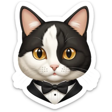 A tuxedo cat, top half body, a black mark near his mouth under the nose sticker