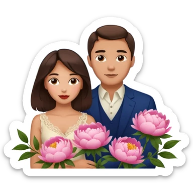 Couple traveling in Montenegro russian man and elegant  Latina girl delicate peonies and mountains in the background  sticker