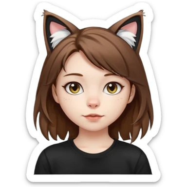 a girl with pale skin, shoulder lengh brown hair with lots of dandruff , cat ears and a tail, with a black t-shirt on sticker