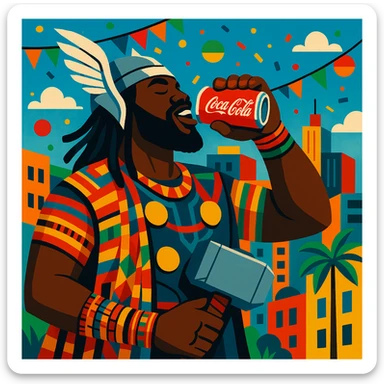 Thor with dark skin, in African attire, drinking Coca Cola, vibrant scene, colorful, festive atmosphere, modern African city backdrop sticker